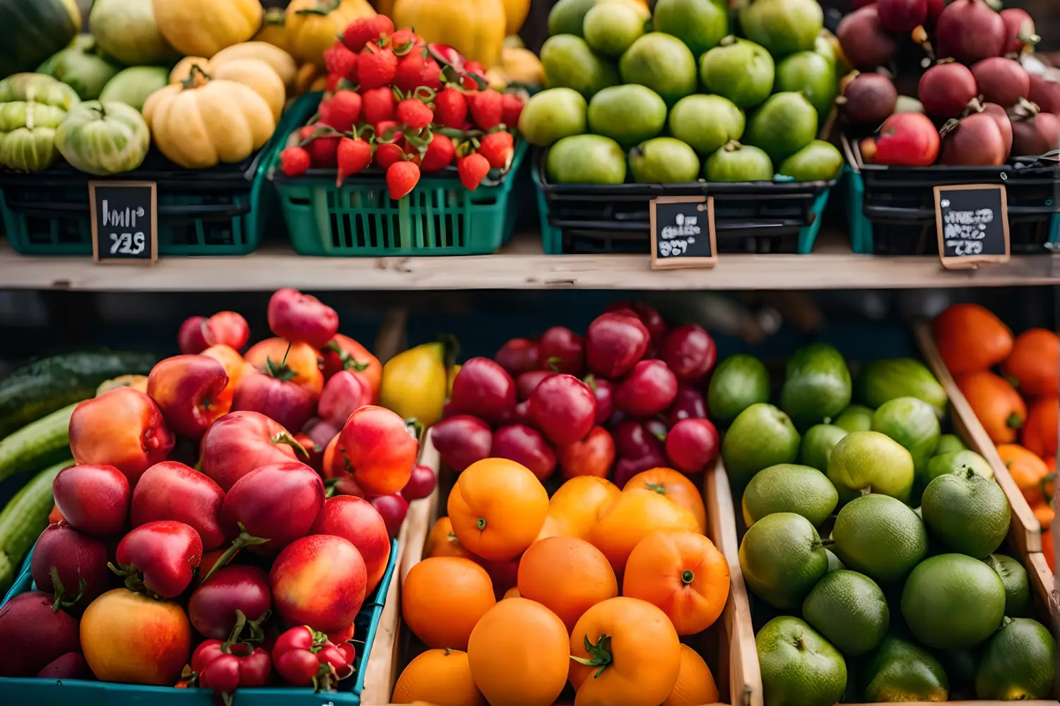 No Food Waste Colorful fruits and vegetables on the counter of the farmers market.